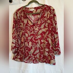 Monday Fun Size 2x Chic Paisley Print Blouse in Rich Red/Burgundy.
